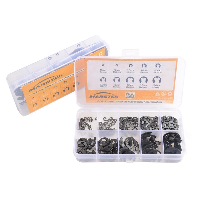 MARSTEK 300Pcs Black Alloy Steel E Clip Assortment Kit E-Clip External Retaining Ring Assortment Set (M1.5-M10,300 PCS) - Image 1